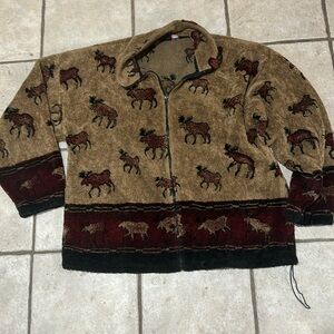 Women's Brown Moose Print Fleece Sherpa Jacket 90s Mazmania
